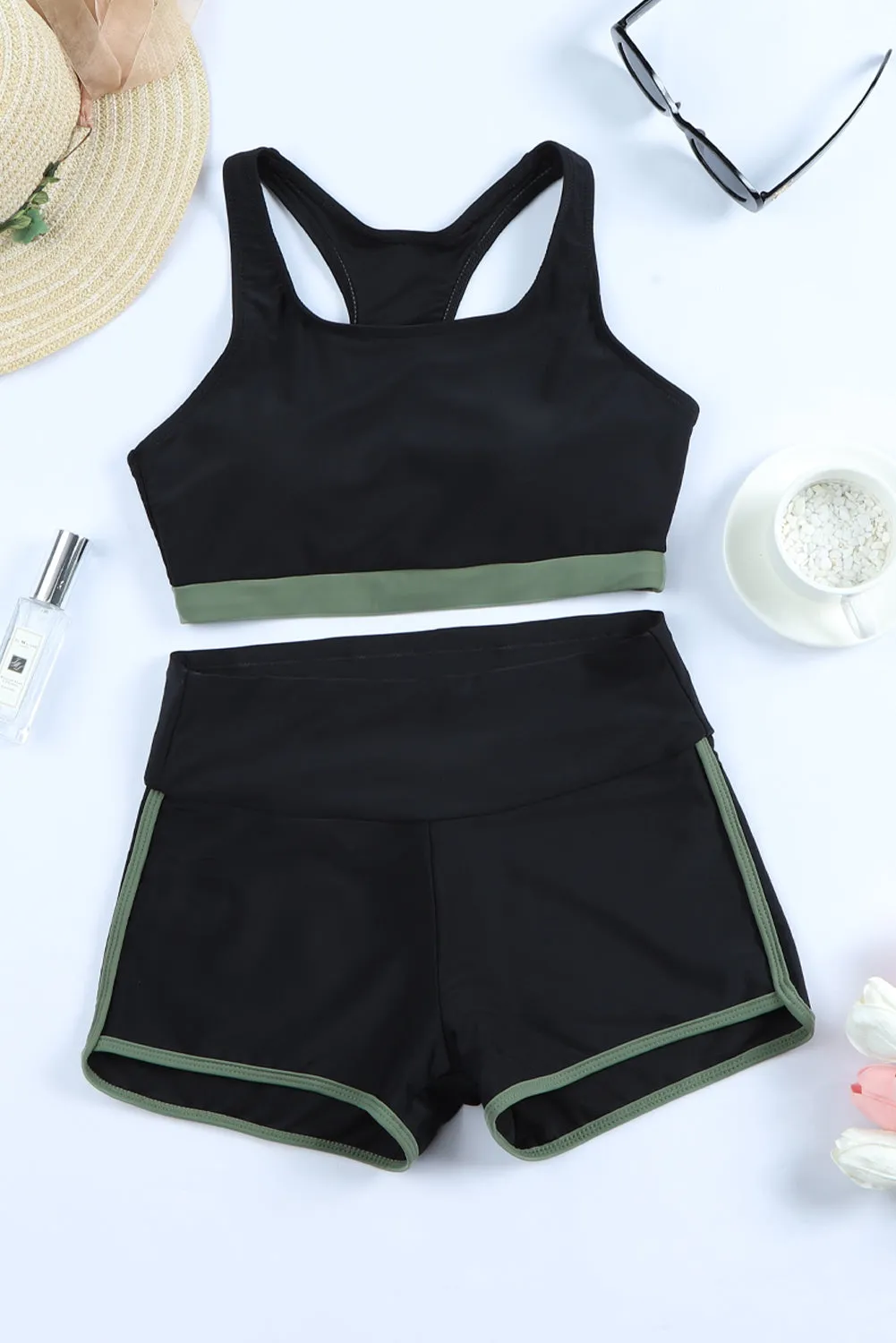 3 Piece Swimsuits Bathing Suits T-Back Printed Sporty Racerback Tankini Set