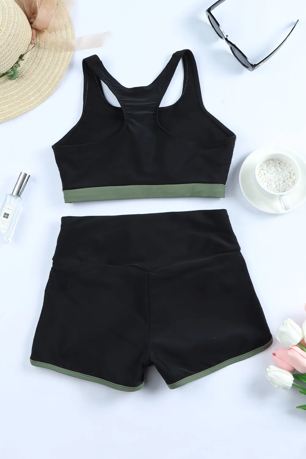 3 Piece Swimsuits Bathing Suits T-Back Printed Sporty Racerback Tankini Set