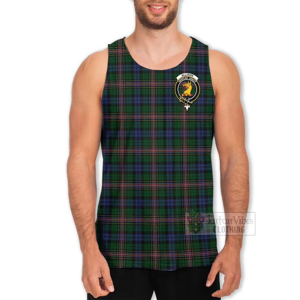 Allison Tartan Men's Tank Top with Family Crest and Bearded Skull Holding Bottles of Whiskey