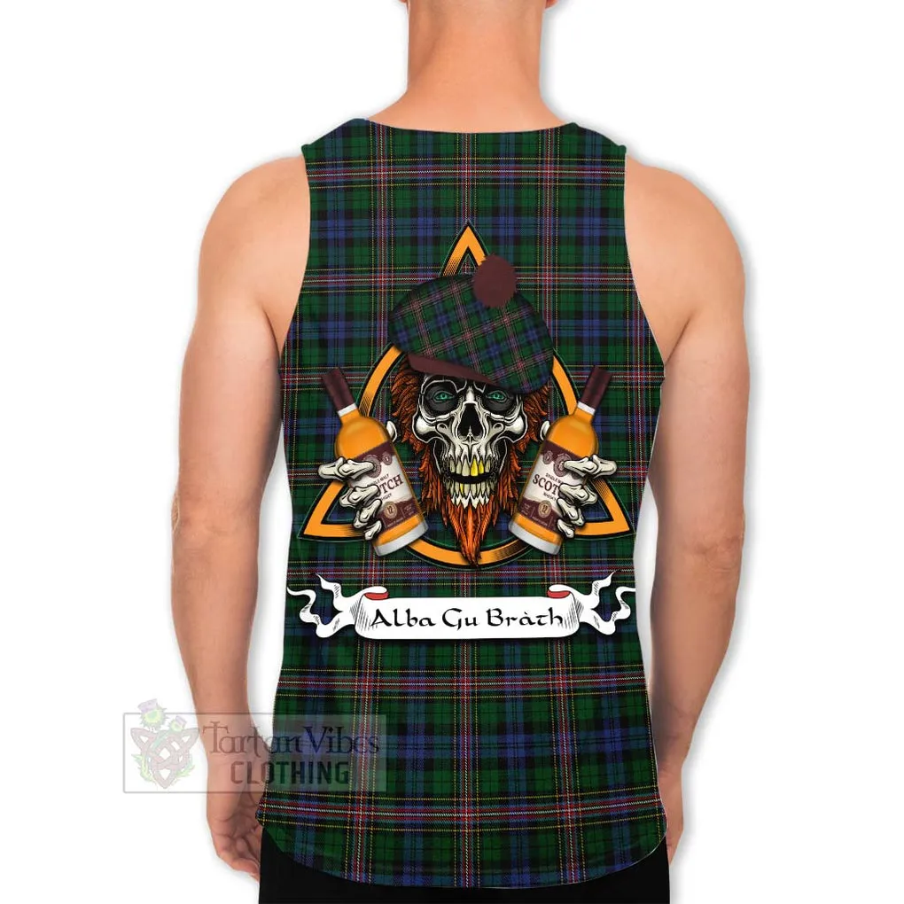 Allison Tartan Men's Tank Top with Family Crest and Bearded Skull Holding Bottles of Whiskey