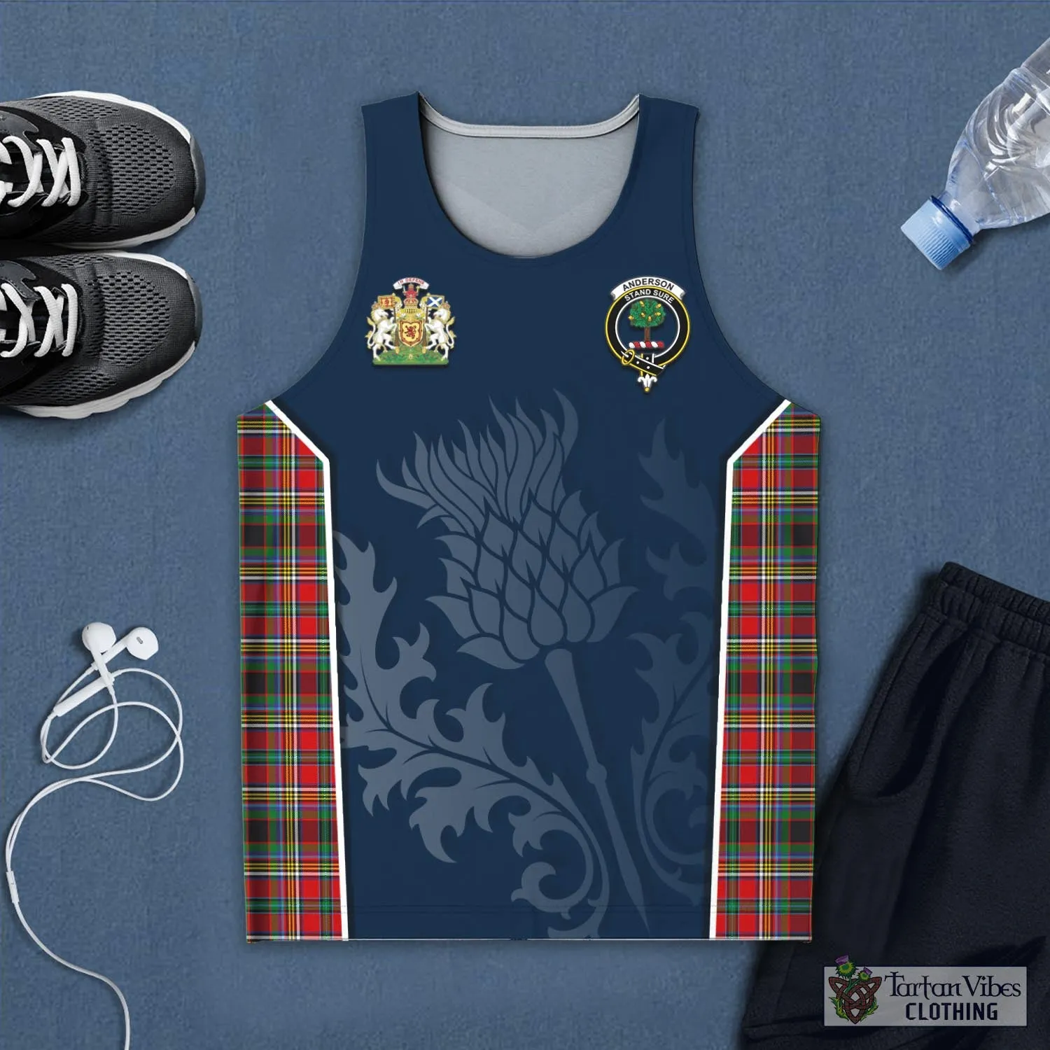 Anderson of Arbrake Tartan Men's Tanks Top with Family Crest and Scottish Thistle Vibes Sport Style