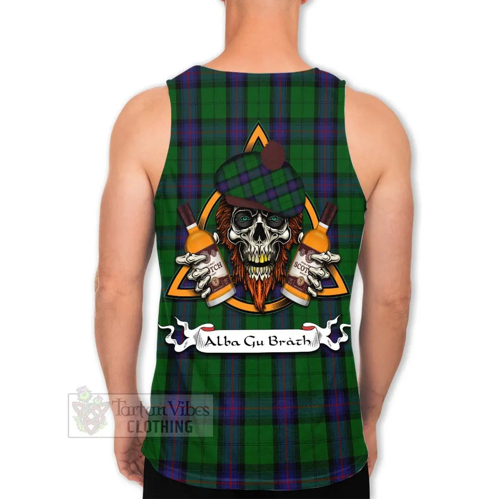 Armstrong Tartan Men's Tank Top with Family Crest and Bearded Skull Holding Bottles of Whiskey