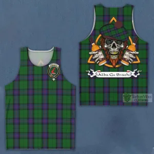 Armstrong Tartan Men's Tank Top with Family Crest and Bearded Skull Holding Bottles of Whiskey