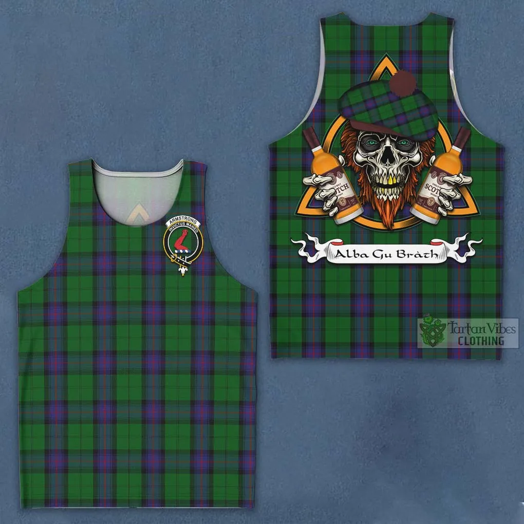 Armstrong Tartan Men's Tank Top with Family Crest and Bearded Skull Holding Bottles of Whiskey