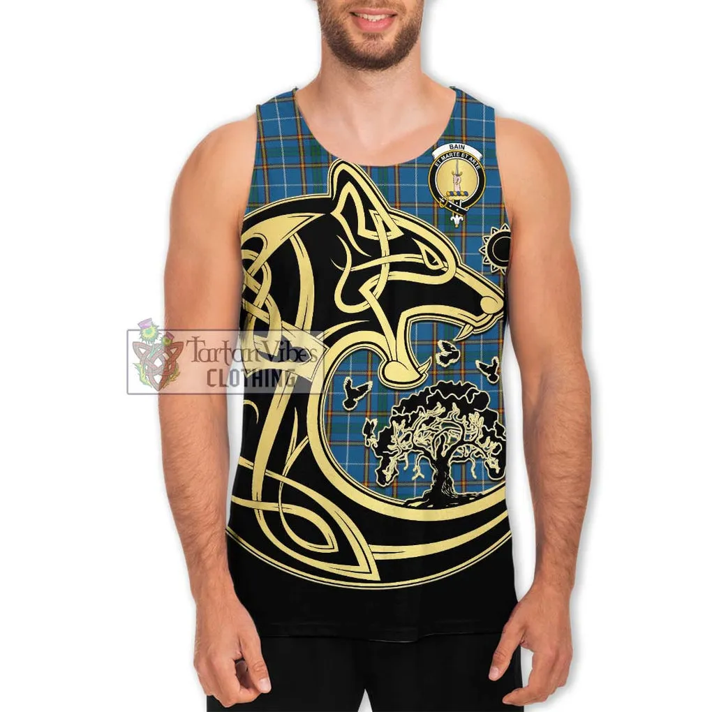 Bain Tartan Men's Tank Top with Family Crest Celtic Wolf Style