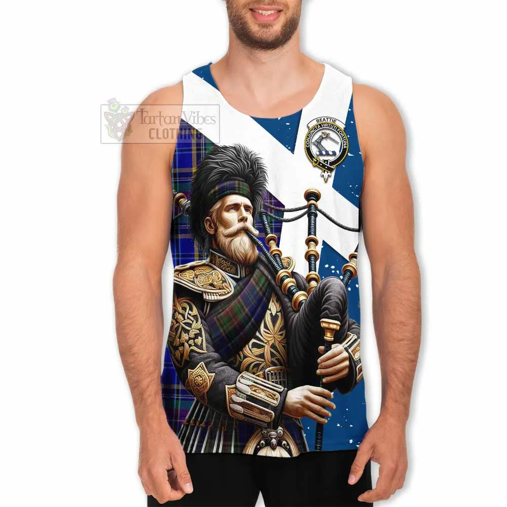 Beattie (Beatty) Tartan Men's Tank Top with Family Crest Scottish Bagpiper Vibes