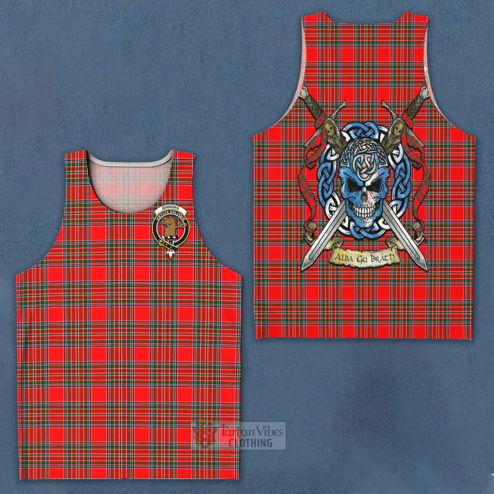 Binning Tartan Men's Tank Top with Family Crest Celtic Skull Style