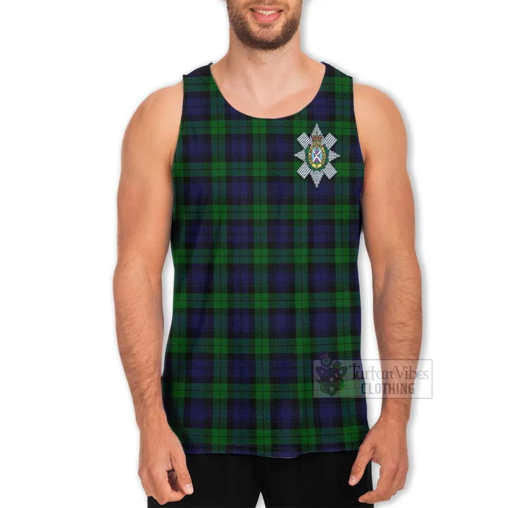 Black Watch Tartan Men's Tank Top with Family Crest and Bearded Skull Holding Bottles of Whiskey