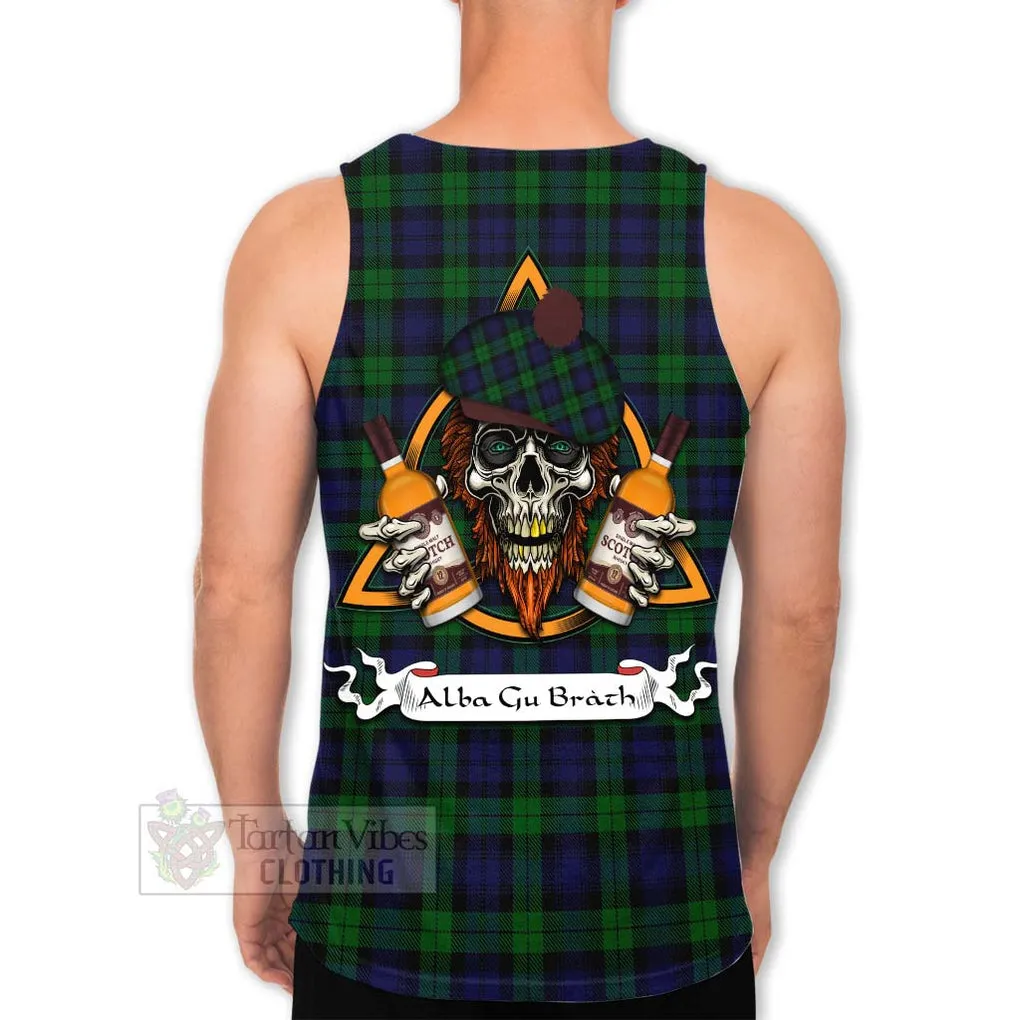 Black Watch Tartan Men's Tank Top with Family Crest and Bearded Skull Holding Bottles of Whiskey