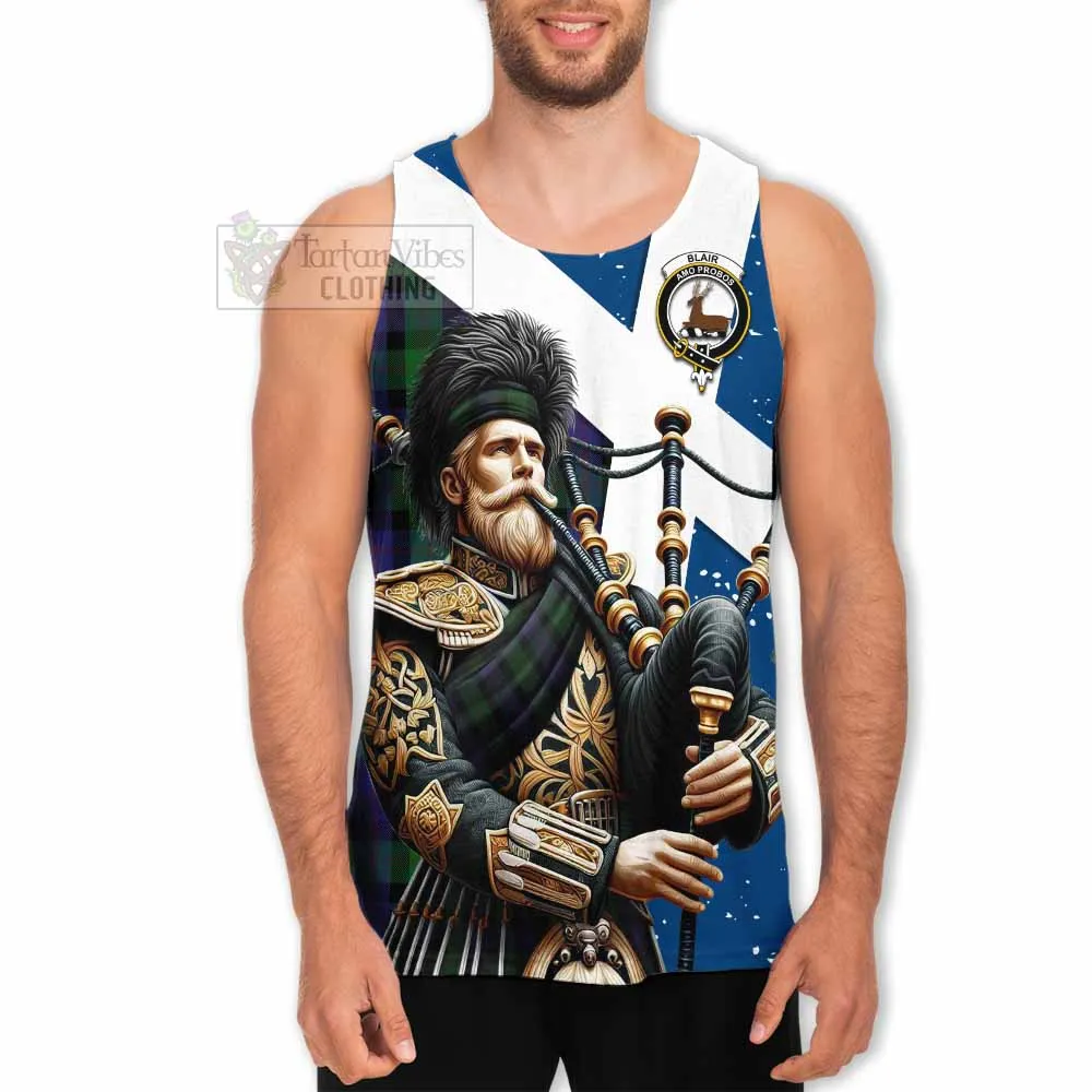 Blair Tartan Men's Tank Top with Family Crest Scottish Bagpiper Vibes