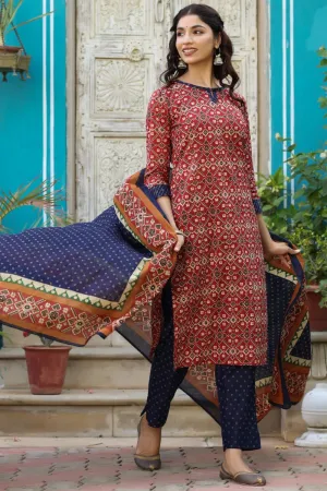 Blue And Red Printed Fancy Kurta And Palazzo Dupatta Set -