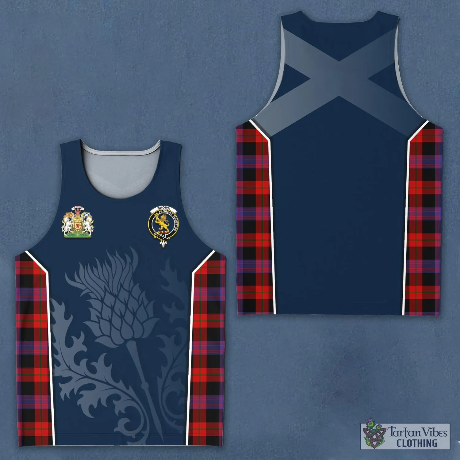 Brown (Broun) Tartan Men's Tanks Top with Family Crest and Scottish Thistle Vibes Sport Style