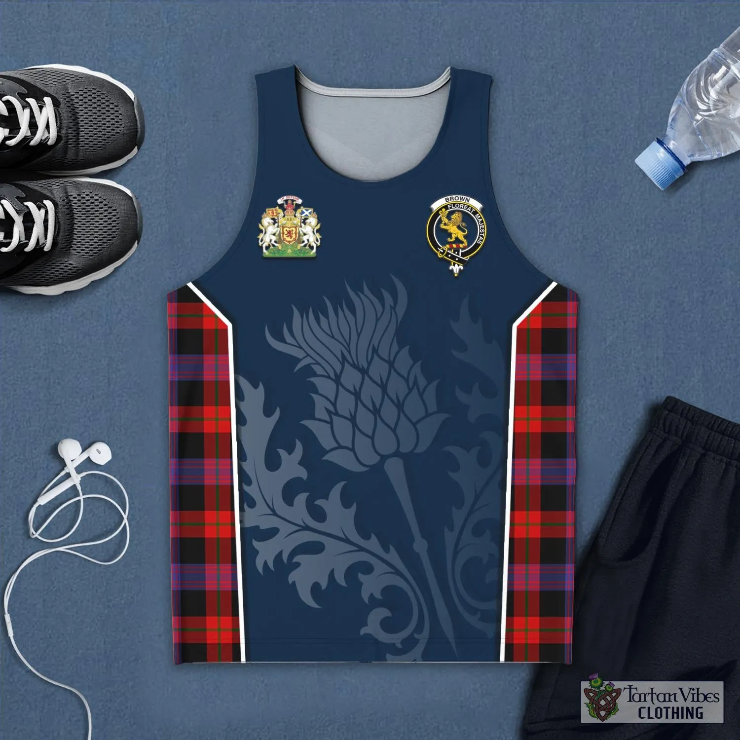 Brown (Broun) Tartan Men's Tanks Top with Family Crest and Scottish Thistle Vibes Sport Style