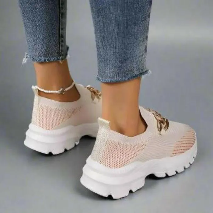 Fashion Chain Design Mesh Shoes For Women Breathable Casual Soft Sole Walking Sock Womens Flat Slip On Shoes