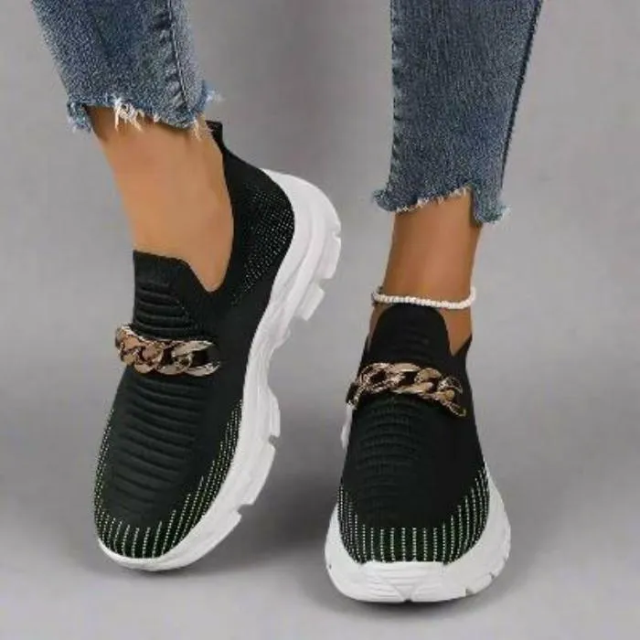 Fashion Chain Design Mesh Shoes For Women Breathable Casual Soft Sole Walking Sock Womens Flat Slip On Shoes