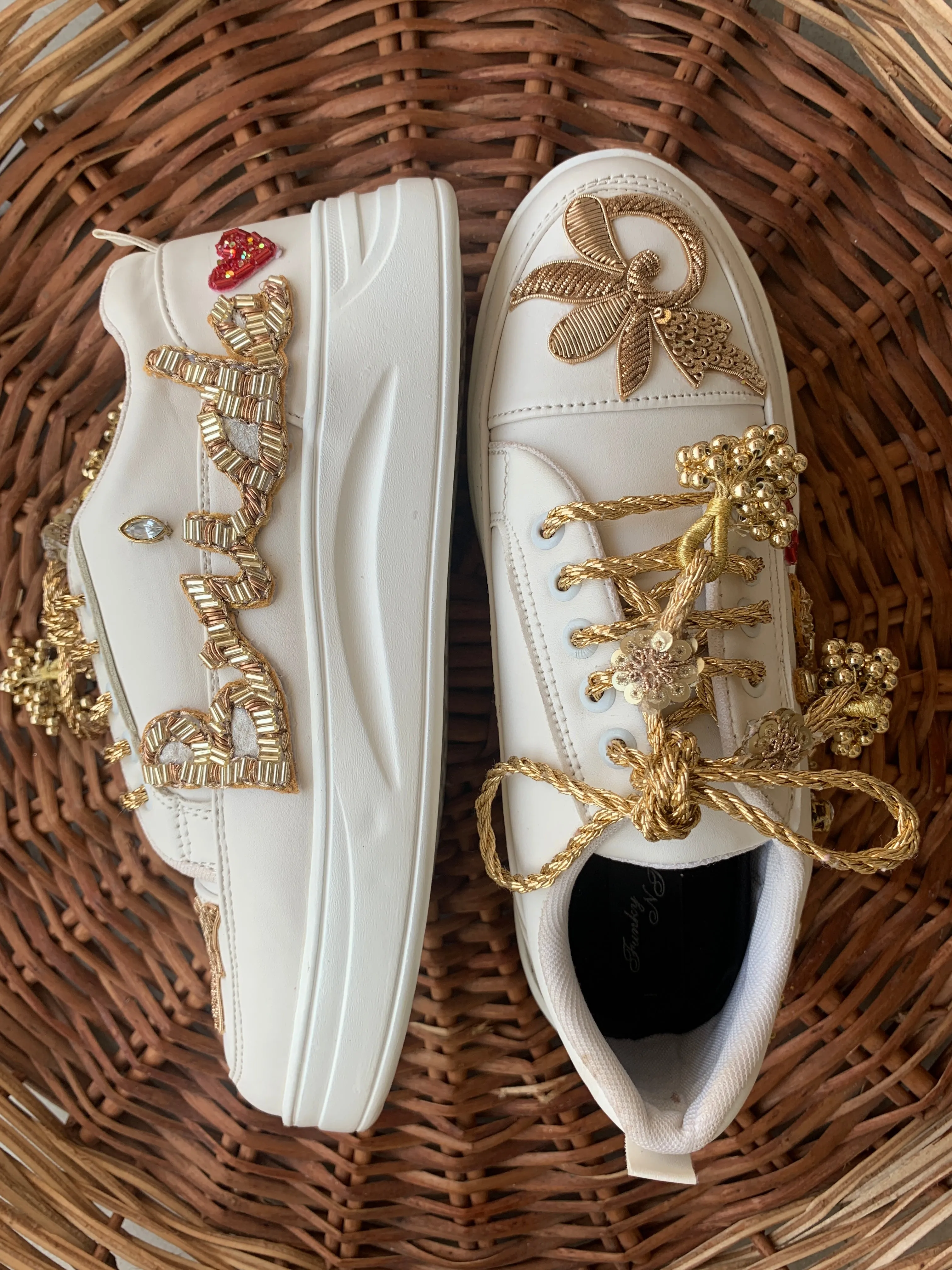 FUNKY N TRENDY “Bride” hand embroidered sneakers / bride shoes/customized shoes/ gold sneakers / golden shoes/ golden sneakers