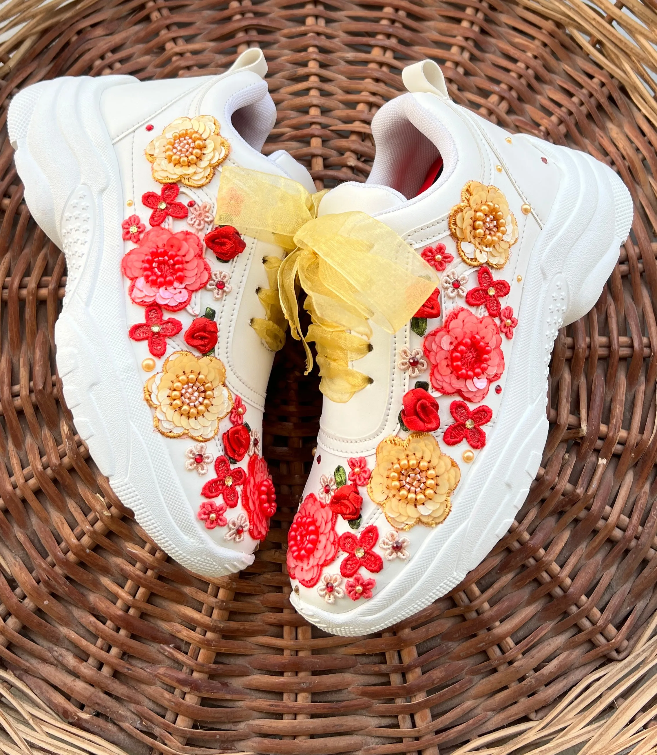 FUNKY N TRENDY red and gold floral theme bridal sneakers / bridesmaid sneakers/floral  sneakers