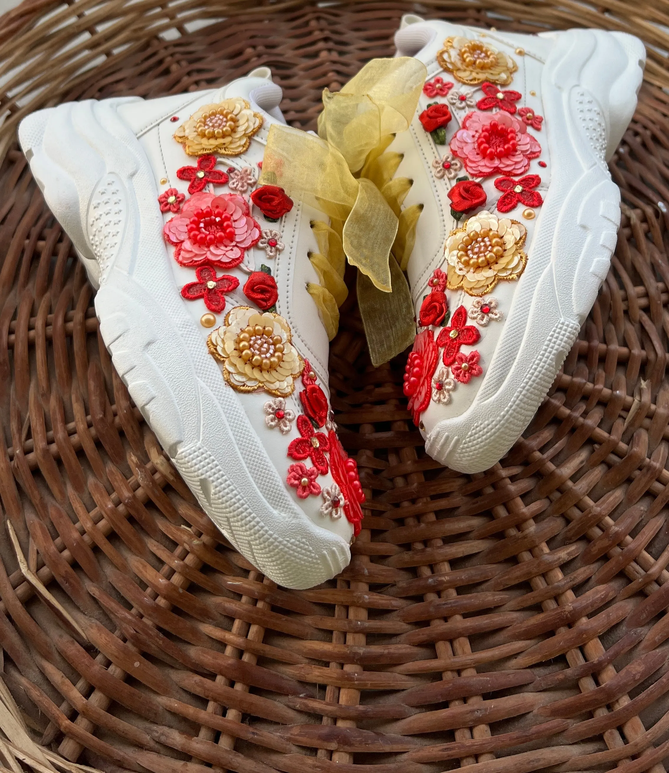 FUNKY N TRENDY red and gold floral theme bridal sneakers / bridesmaid sneakers/floral  sneakers