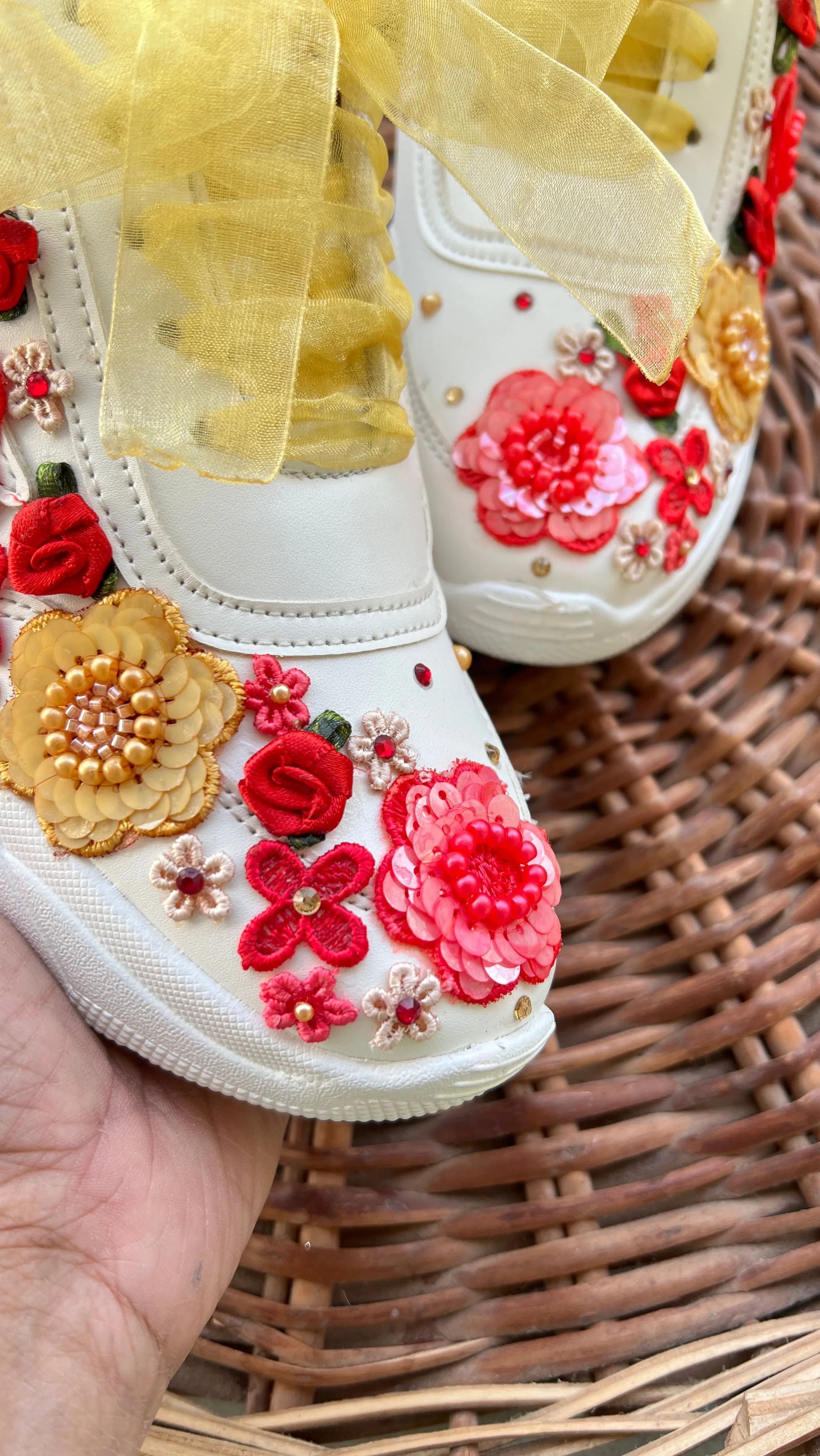 FUNKY N TRENDY red and gold floral theme bridal sneakers / bridesmaid sneakers/floral  sneakers