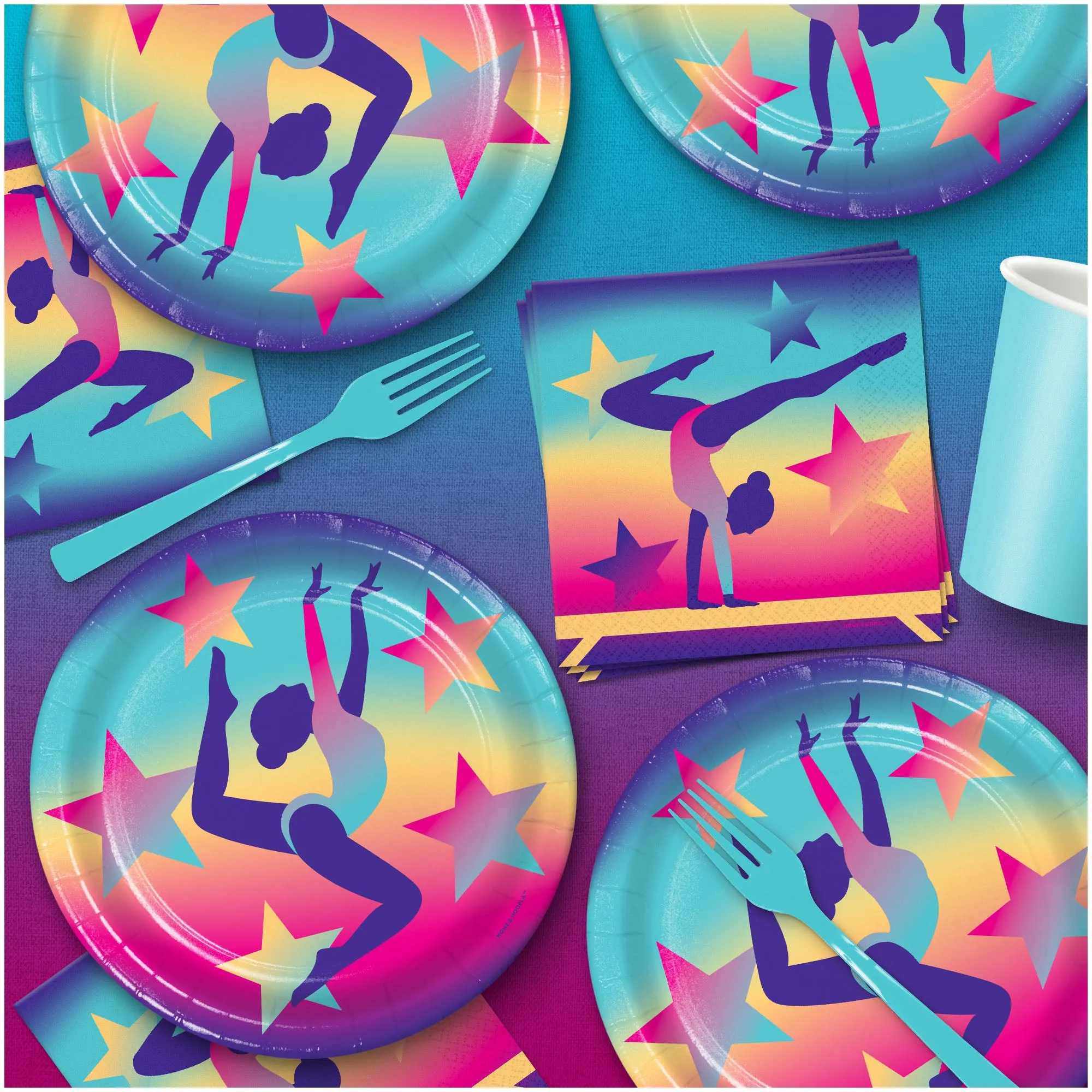 Gymnastics Party Supplies - Girl Gymnast Paper Dessert Plates, Napkins, & Forks (Serves 16)