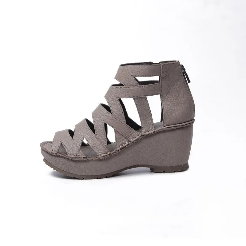 Handmade Leather Gladiator Sandals Retro Peep Toe Wedges in Black/Grey