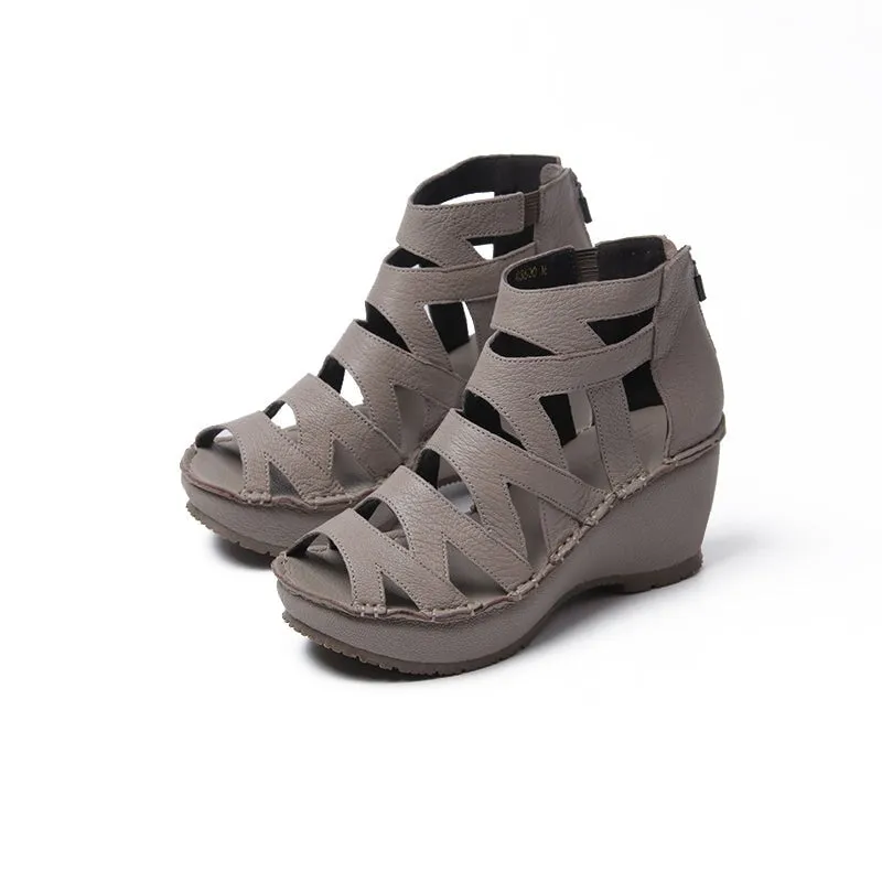 Handmade Leather Gladiator Sandals Retro Peep Toe Wedges in Black/Grey