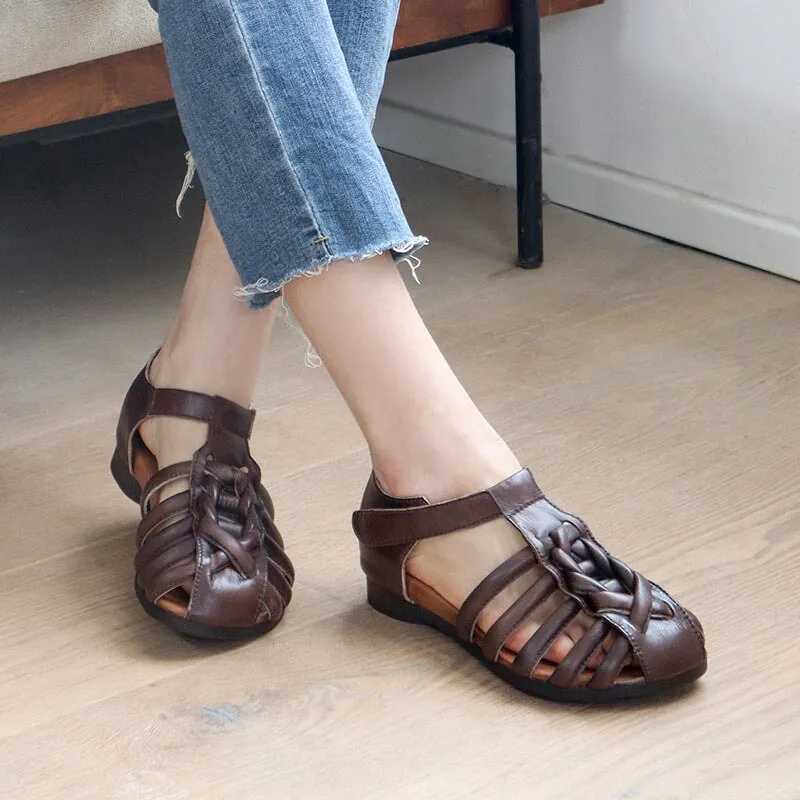 Handmade Leather Gladiator Sandals Retro Woven in Coffee/Black