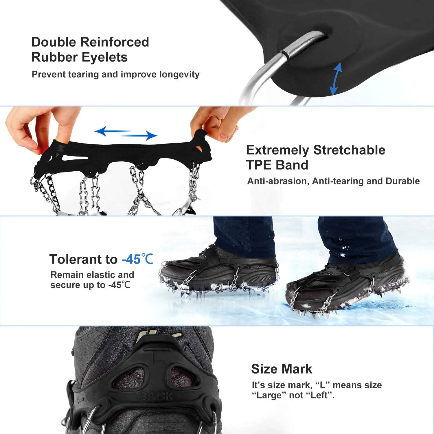 Ice Cleats Ice Snow Grips with 18 Spikes for Walking, Jogging, Climbing and Hiking