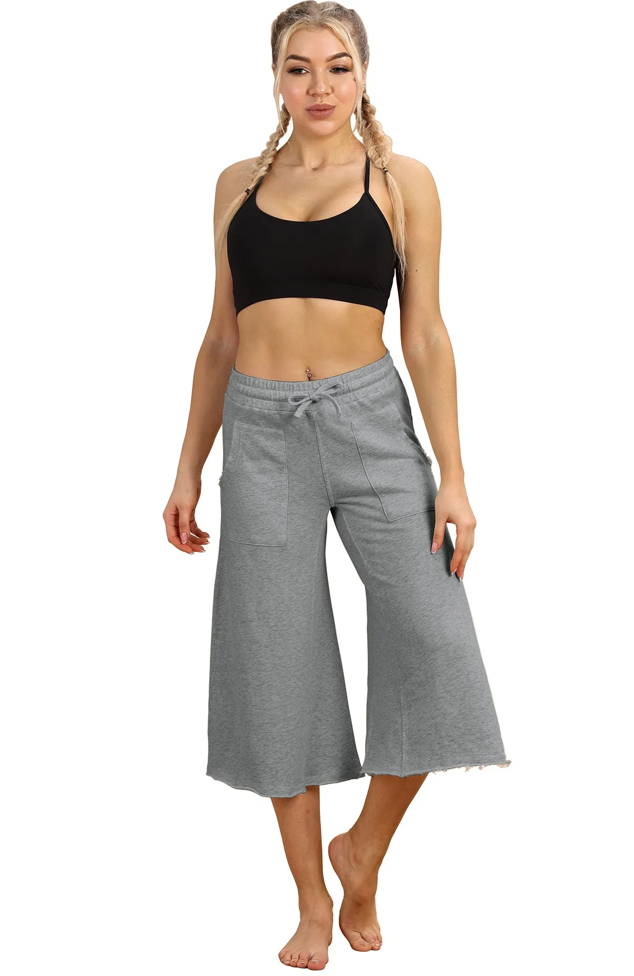 icyzone Womens Joggers Sweatpants - Athletic Lounge Cotton Terry Wide Leg Capri Pants with Pockets