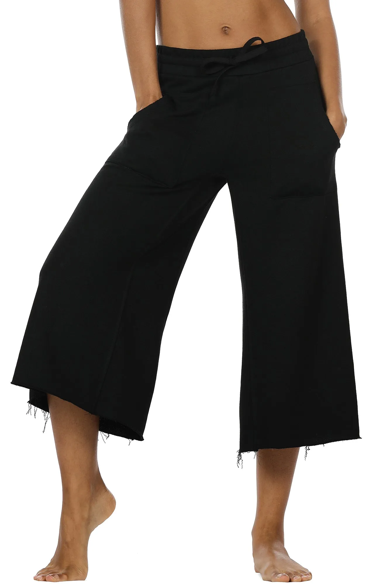 icyzone Womens Joggers Sweatpants - Athletic Lounge Cotton Terry Wide Leg Capri Pants with Pockets