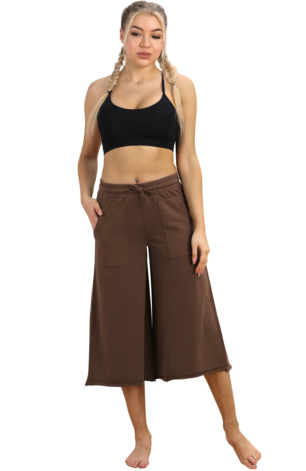 icyzone Womens Joggers Sweatpants - Athletic Lounge Cotton Terry Wide Leg Capri Pants with Pockets