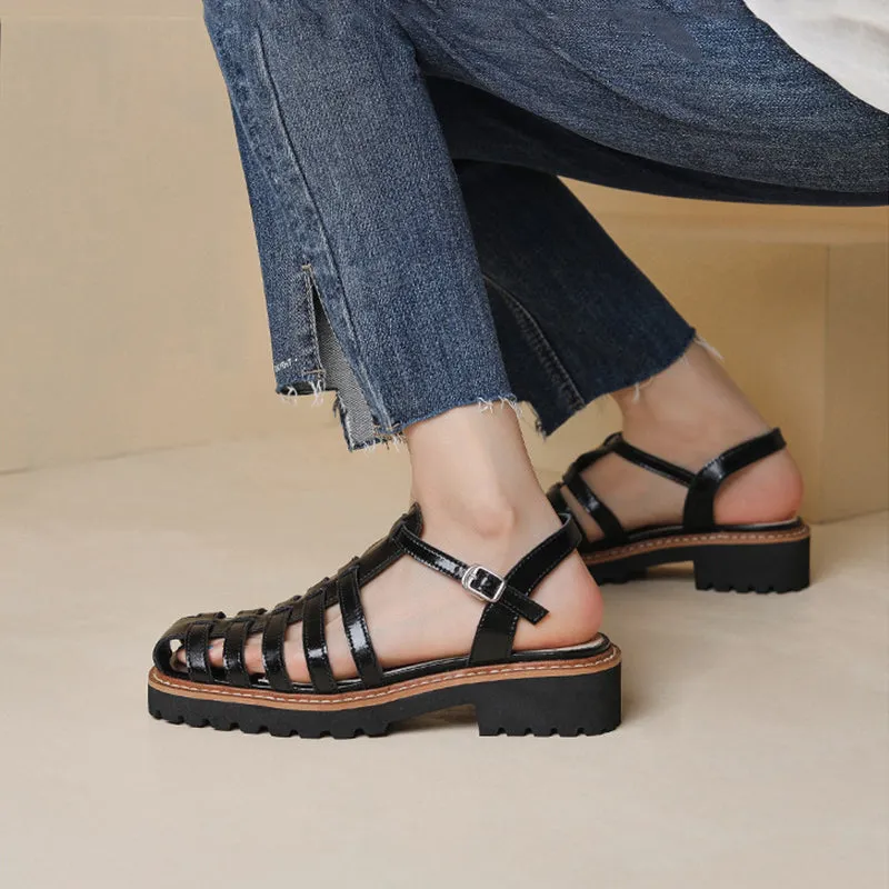 Leather Fisherman Platforms Sandal in Black/Coffee Handmade