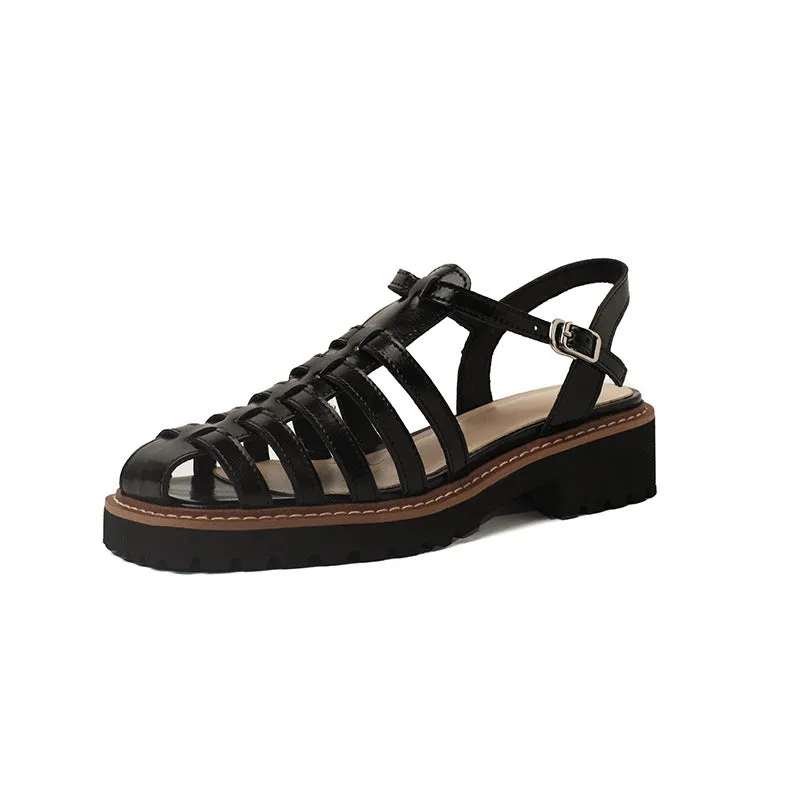 Leather Fisherman Platforms Sandal in Black/Coffee Handmade