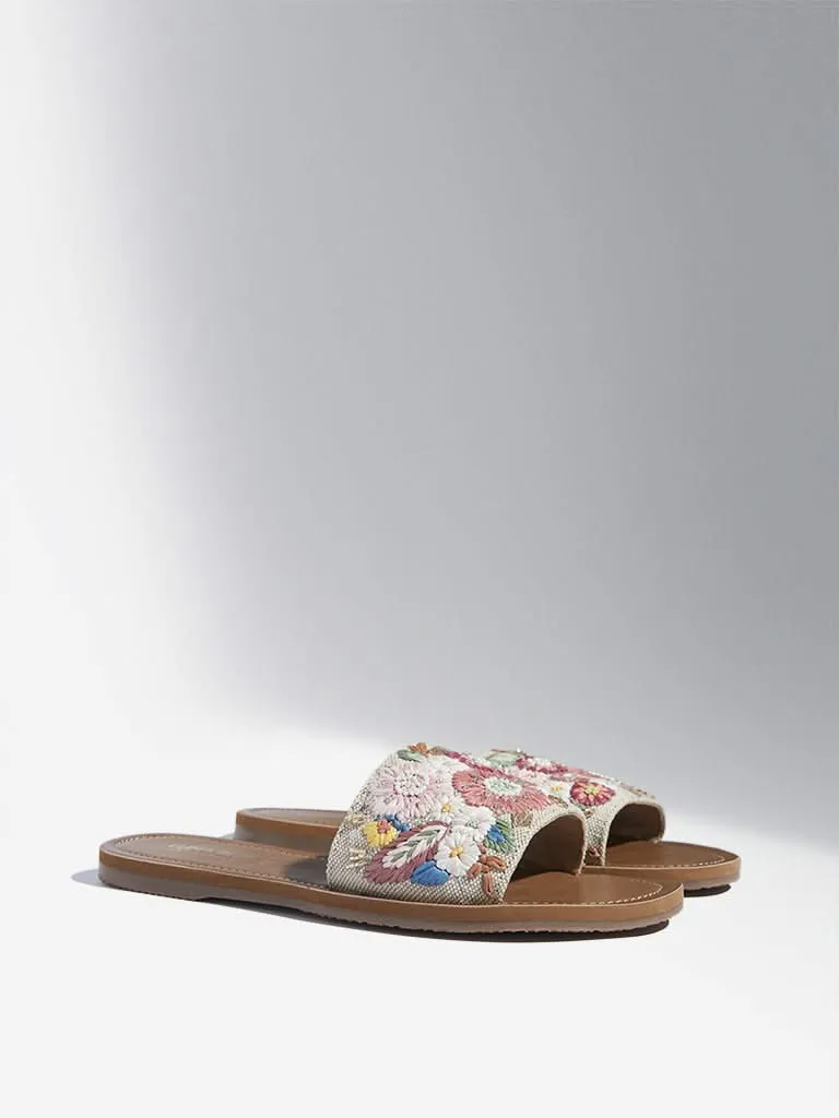 LUNA BLU Blush Pink Floral Design Raffia Slides