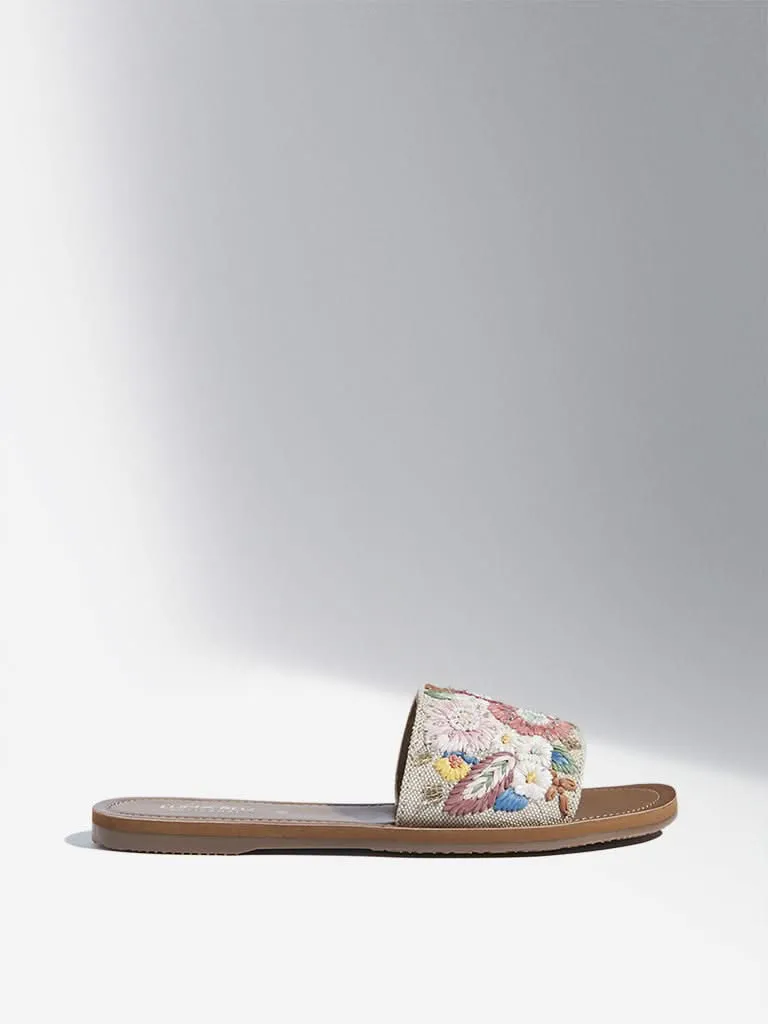 LUNA BLU Blush Pink Floral Design Raffia Slides