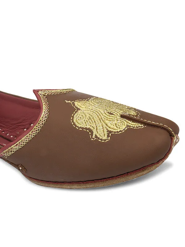 Men's Indian Ethnic Handrafted Embroidered Brown Premium Leather Footwear - Desi Colour