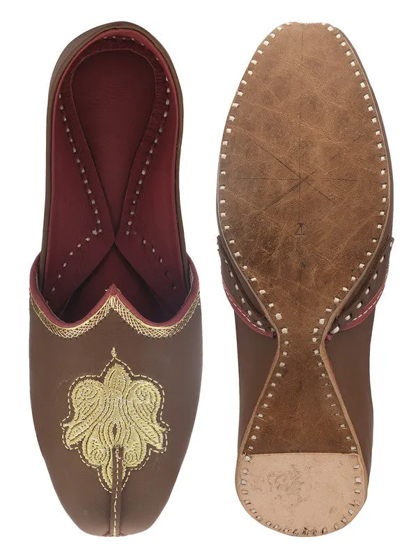 Men's Indian Ethnic Handrafted Embroidered Brown Premium Leather Footwear - Desi Colour