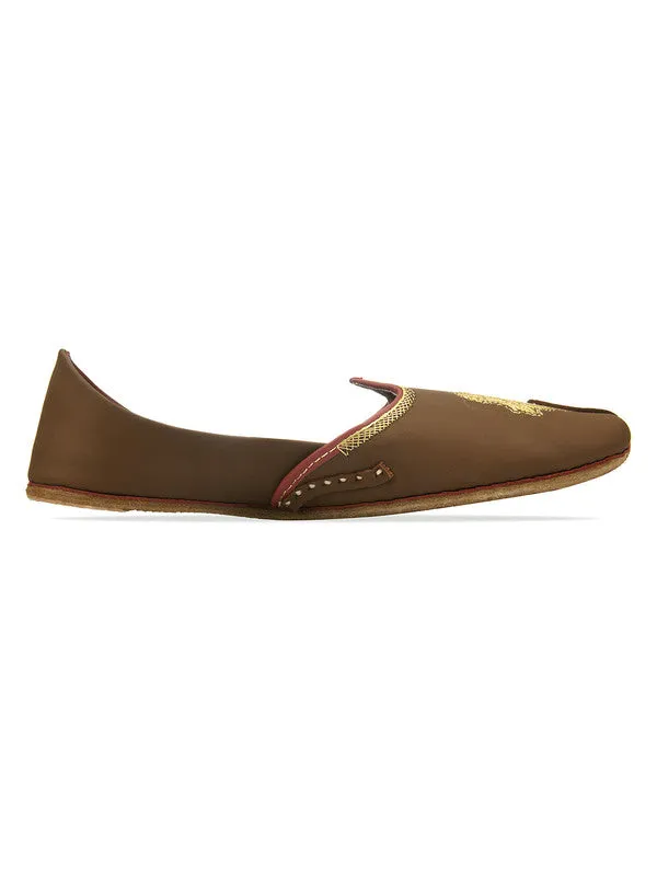 Men's Indian Ethnic Handrafted Embroidered Brown Premium Leather Footwear - Desi Colour