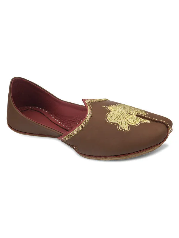 Men's Indian Ethnic Handrafted Embroidered Brown Premium Leather Footwear - Desi Colour