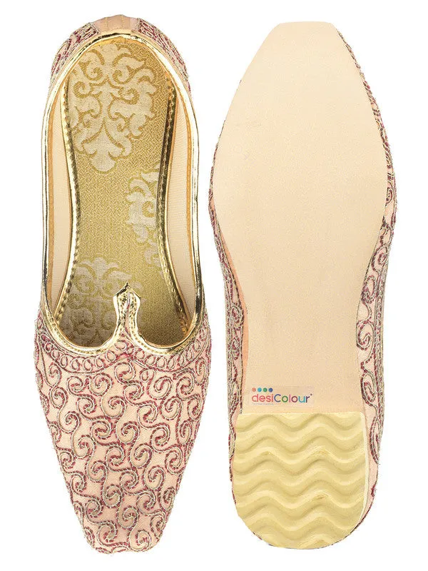 Men's Indian Ethnic Party Wear Peach Embroidered Footwear - Desi Colour