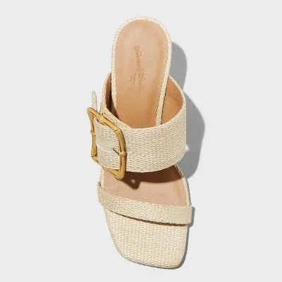 New - Universal Thread Women's 3" Chunky Block High Heel Slip On Mule Sandals Raffia