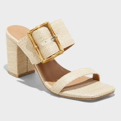 New - Universal Thread Women's 3" Chunky Block High Heel Slip On Mule Sandals Raffia