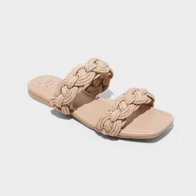 New - Women's Sarafina Woven Two-Band Slide Sandals - A New Day Tan 6.5