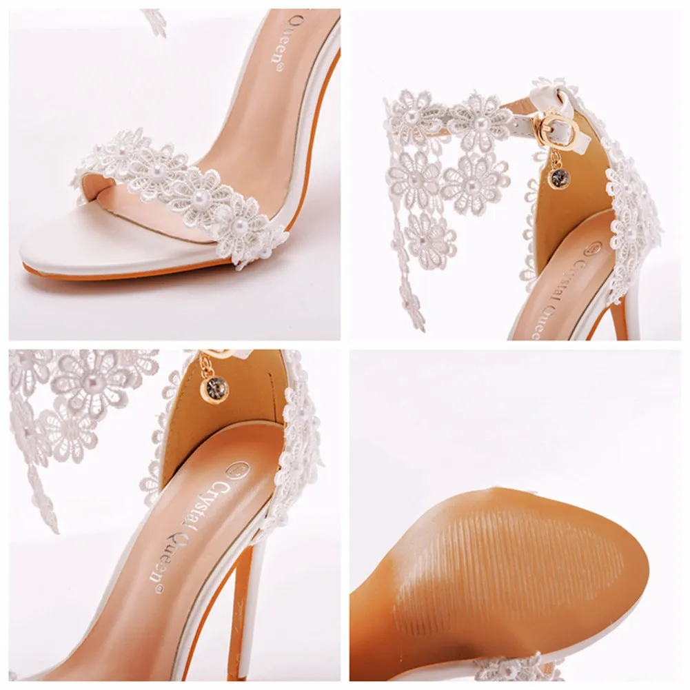 Open Toe White Lace Flowers Tassels Ankle-Strap Ultra High Heels