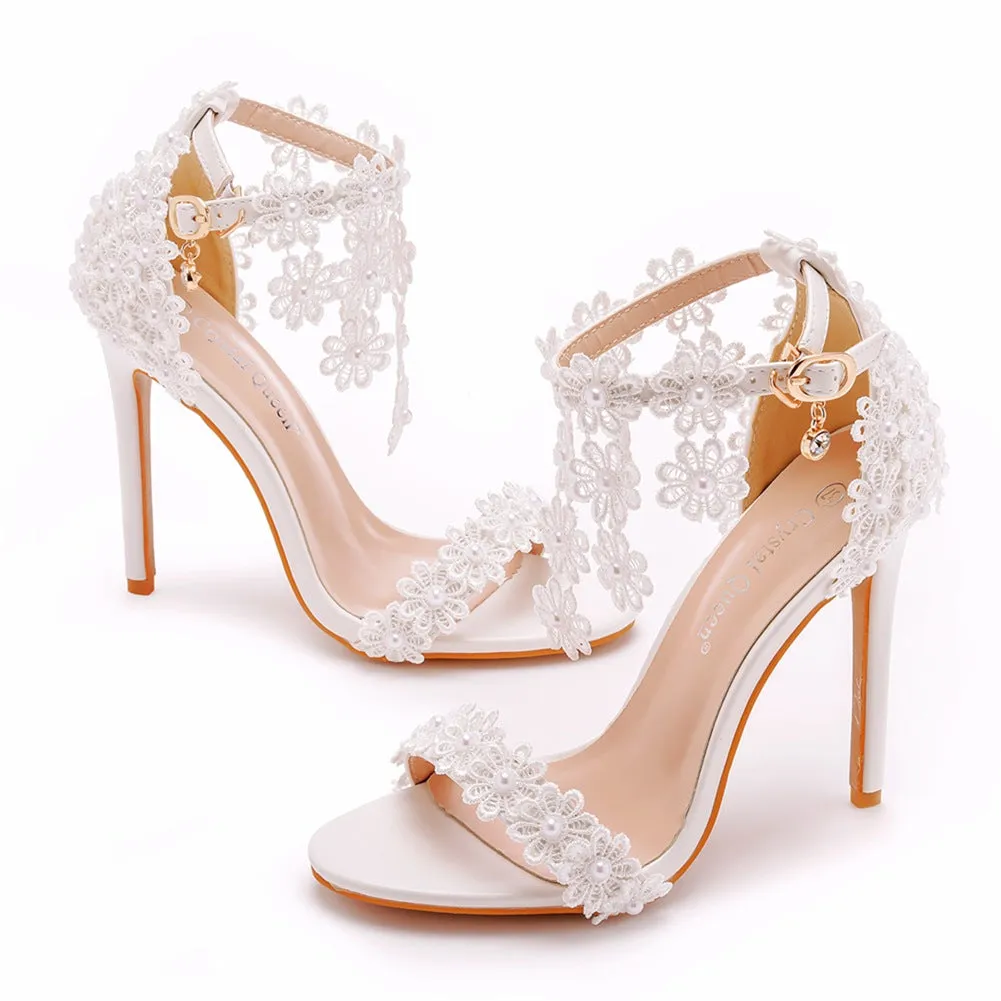 Open Toe White Lace Flowers Tassels Ankle-Strap Ultra High Heels