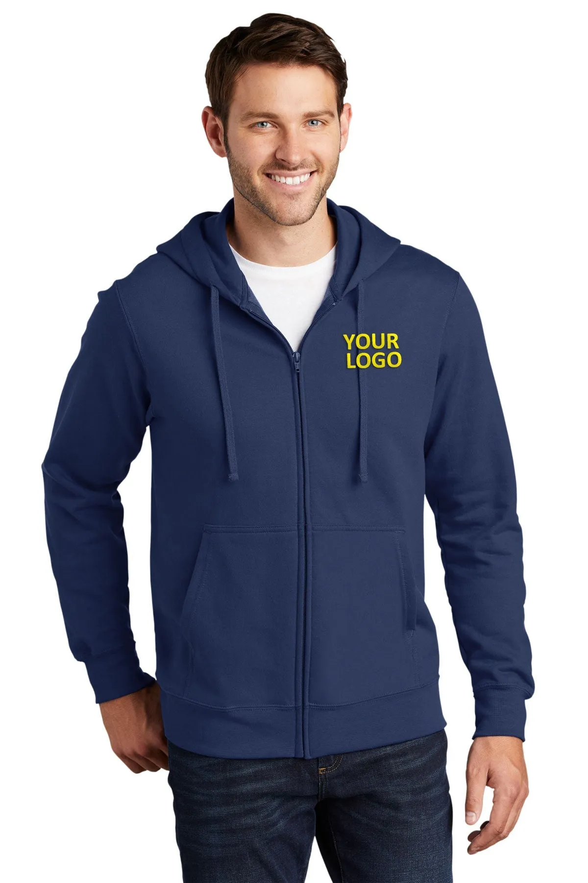 Port & Company Fan Favorite Fleece Branded Zip Hoodies, Team Navy