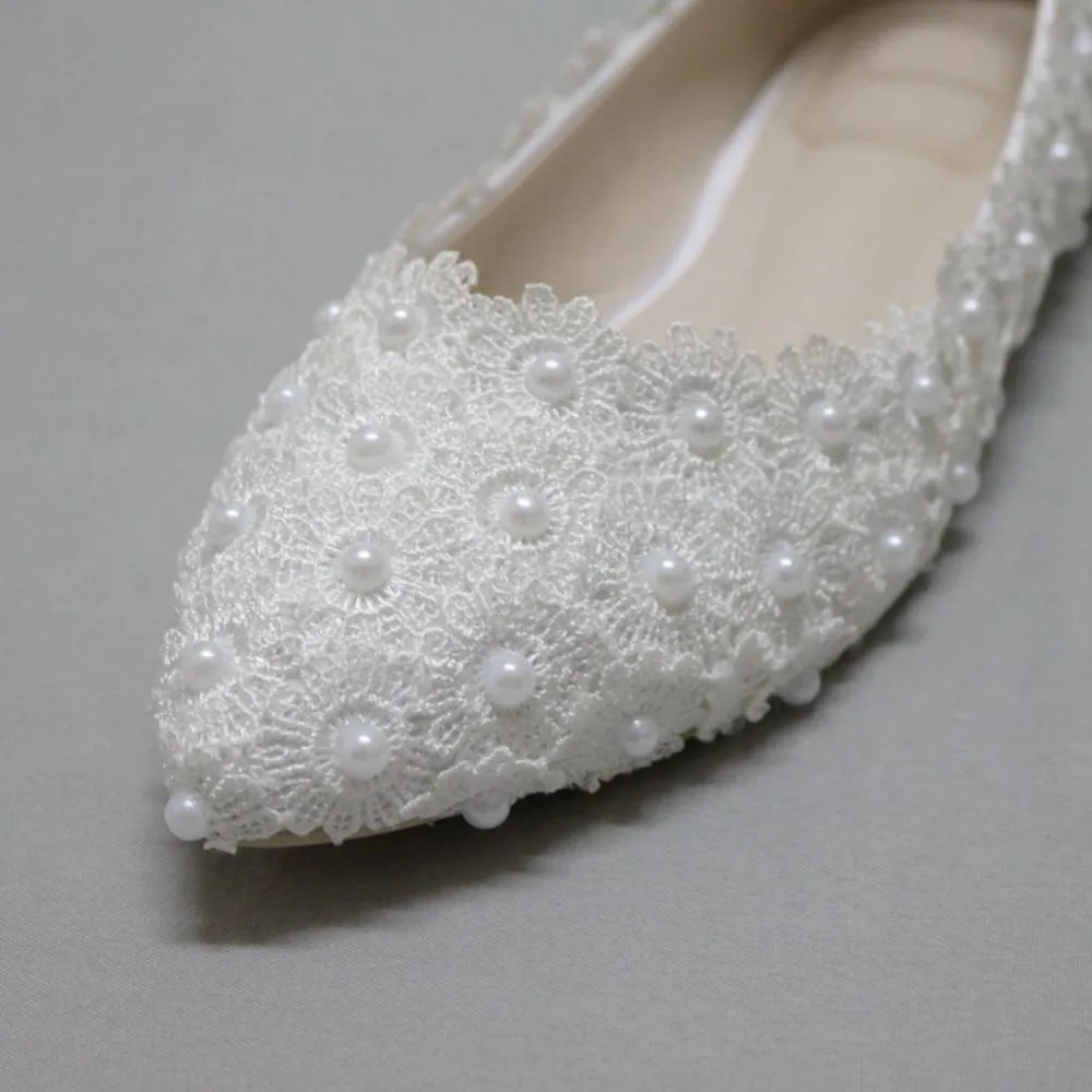 Pregnant Flat Heels Pearls Lace Pointed Toe White Wedding Bridal Shoes, SY0131