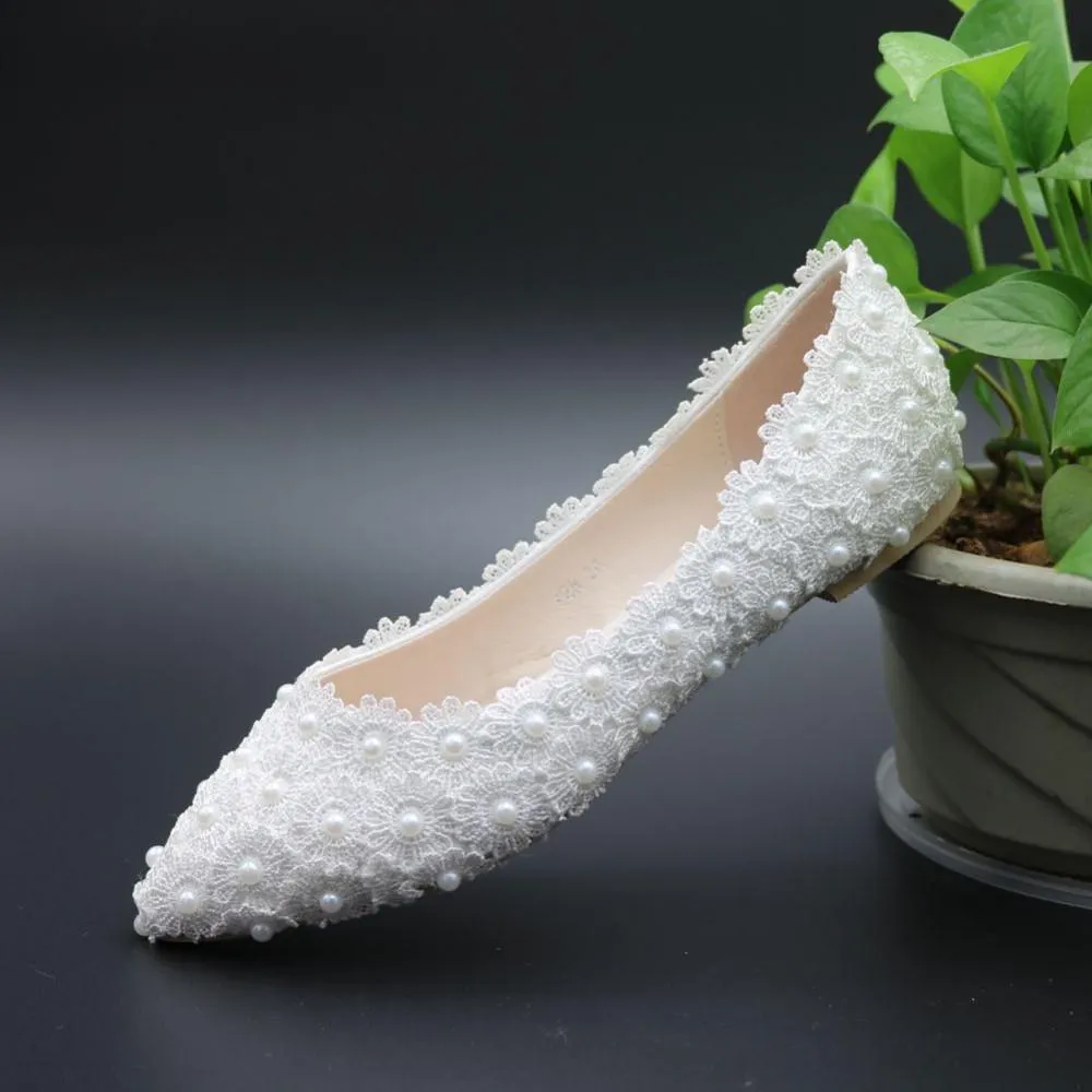 Pregnant Flat Heels Pearls Lace Pointed Toe White Wedding Bridal Shoes, SY0131