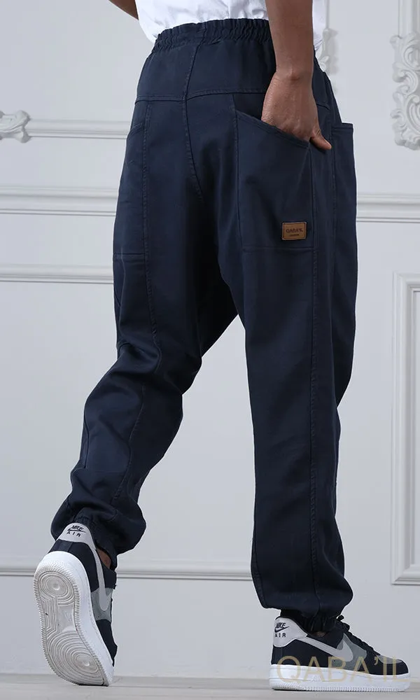 QL Relaxed Cotton STRETCH Cuffed Trousers in Dark Blue