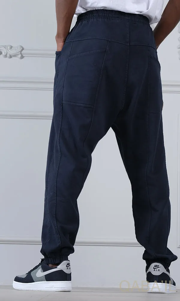 QL Relaxed Cotton STRETCH Cuffed Trousers in Dark Blue